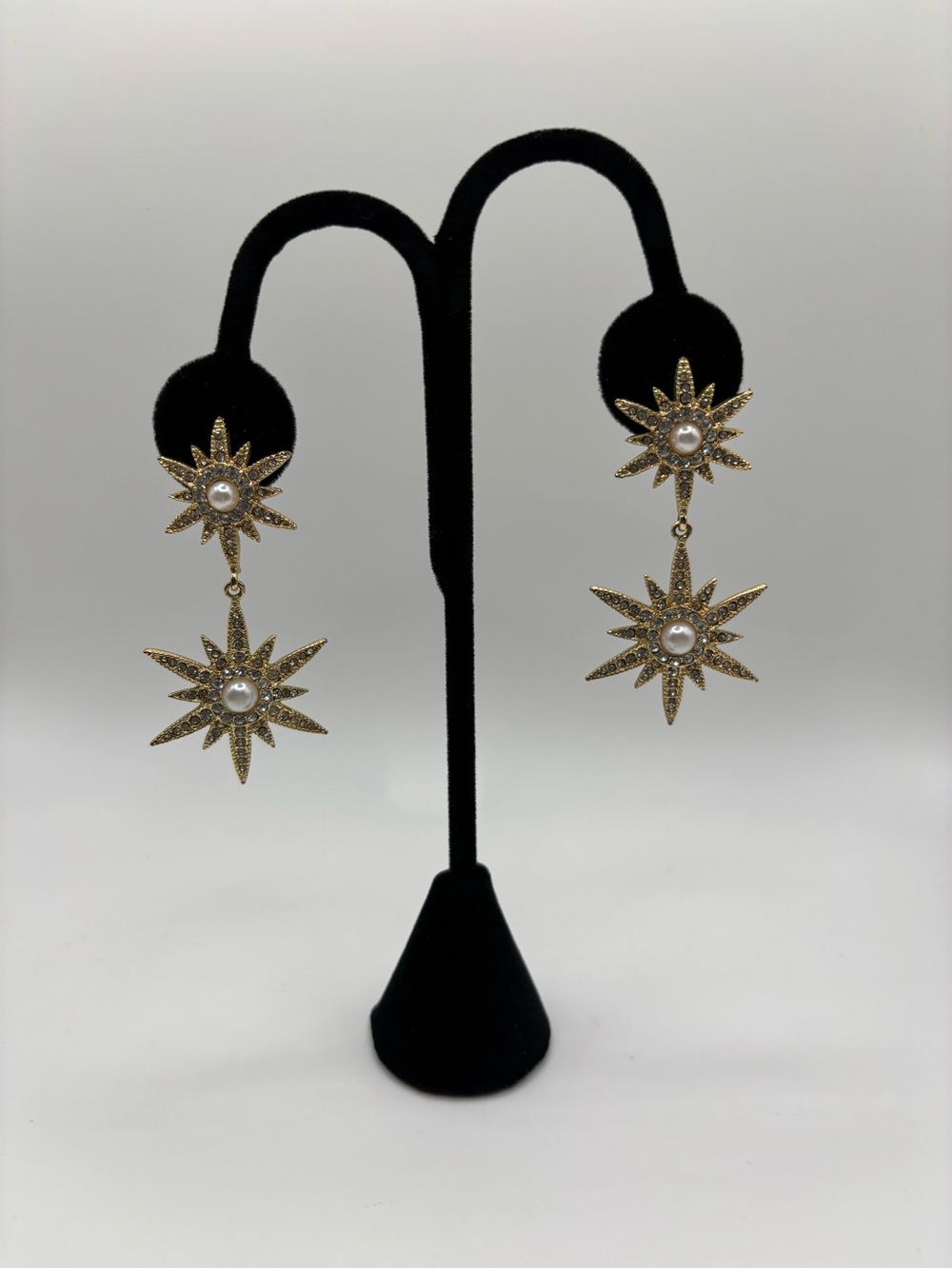 Gold Starburst Drop Earrings with Pearl Center - Women Jewelry